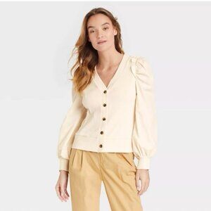 Who What Wear Cream Button Down Ribbed Puffy Long Sleeve